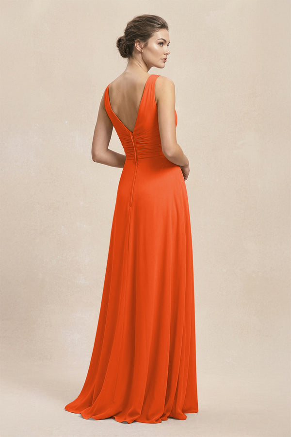 V-Neck Ruffled Ruched Chiffon A-Line Bridesmaid Dress in Cinnamon (2) | KISSBRIDAL