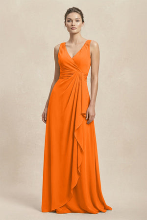 V - Neck Ruffled Ruched Chiffon A - Line Bridesmaid Dress in Cinnamon - SHE IS ME Bridesmaid Dresses