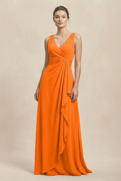 V - Neck Ruffled Ruched Chiffon A - Line Bridesmaid Dress in Cinnamon - SHE IS ME Bridesmaid Dresses