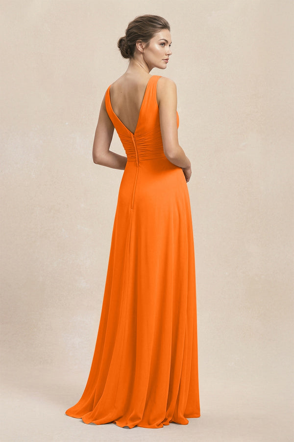 V - Neck Ruffled Ruched Chiffon A - Line Bridesmaid Dress in Cinnamon - SHE IS ME Bridesmaid Dresses