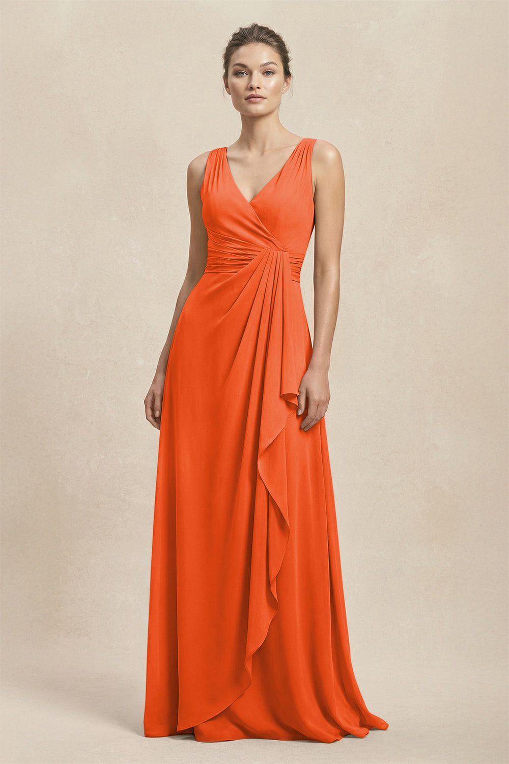 V-Neck Ruffled Ruched Chiffon A-Line Bridesmaid Dress in Cinnamon