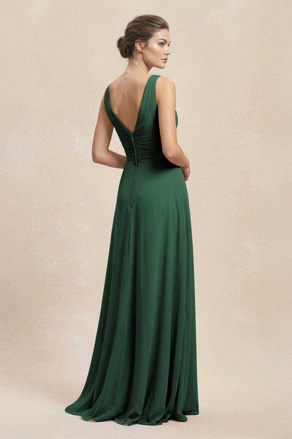 V-Neck Ruffled Ruched Chiffon A-Line Bridesmaid Dress in Dark Green