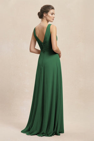V - Neck Ruffled Ruched Chiffon A - Line Bridesmaid Dress in Dark Green - SHE IS ME Bridesmaid Dresses