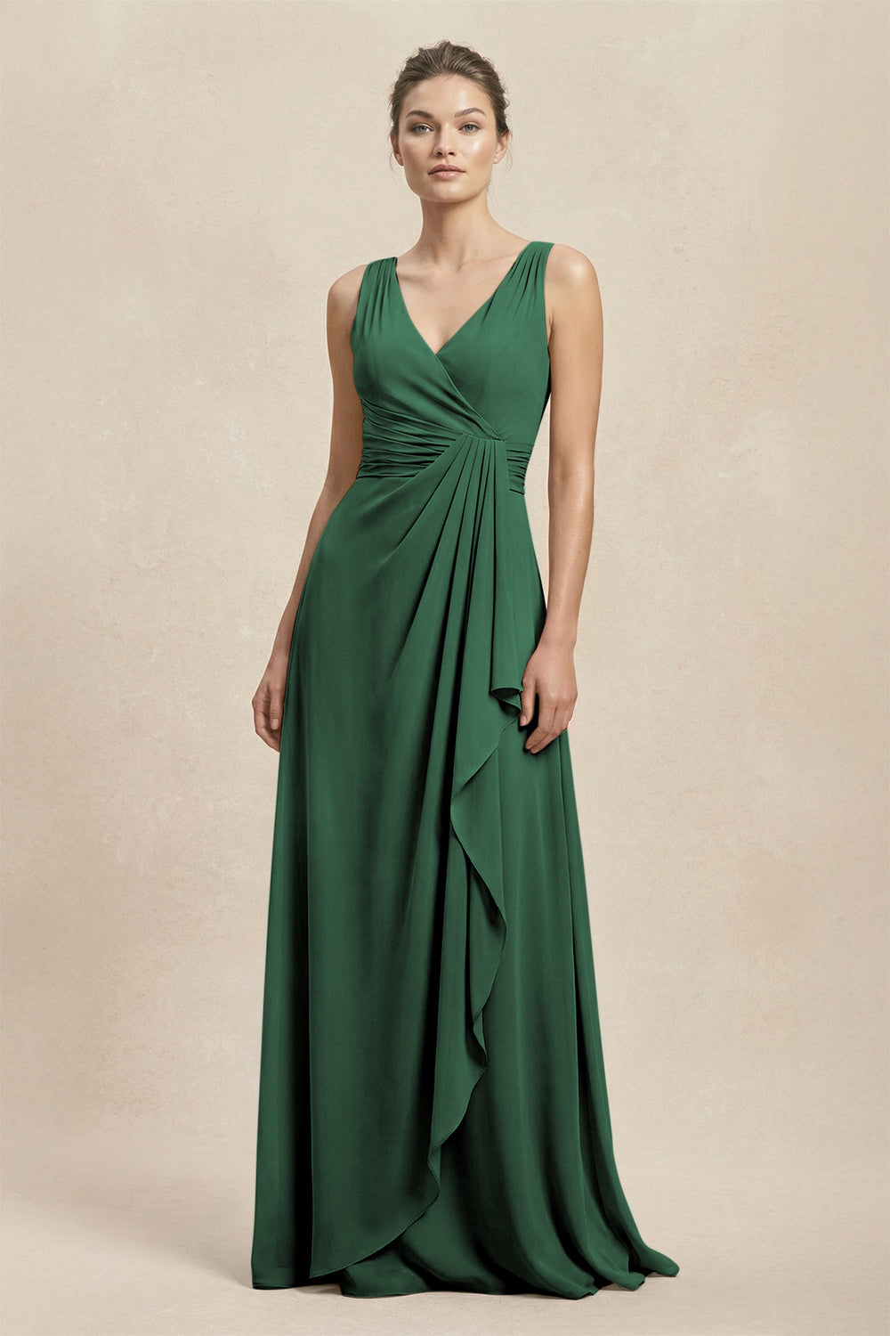 V-Neck Ruffled Ruched Chiffon A-Line Bridesmaid Dress in Dark Green
