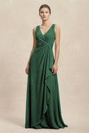 V-Neck Ruffled Ruched Chiffon A-Line Bridesmaid Dress in Dark Green | KISSBRIDAL