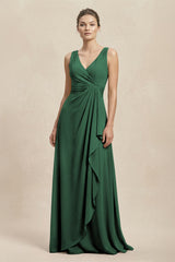 V-Neck Ruffled Ruched Chiffon A-Line Bridesmaid Dress in Dark Green | KISSBRIDAL