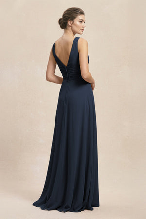 V - Neck Ruffled Ruched Chiffon A - Line Bridesmaid Dress in Dark Navy - SHE IS ME Bridesmaid Dresses