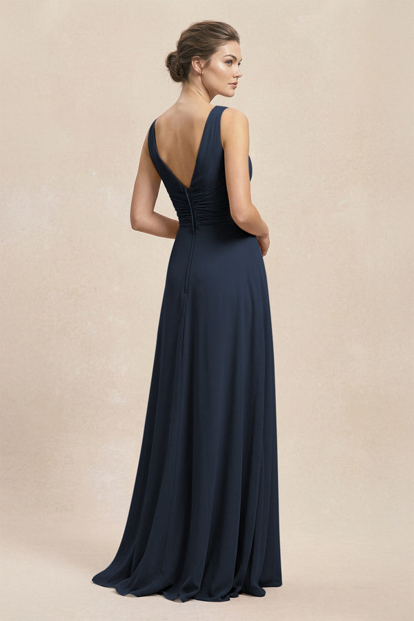 V - Neck Ruffled Ruched Chiffon A - Line Bridesmaid Dress in Dark Navy - SHE IS ME Bridesmaid Dresses