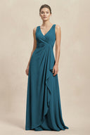 V - Neck Ruffled Ruched Chiffon A - Line Bridesmaid Dress in Dark Teal - SHE IS ME Bridesmaid Dresses