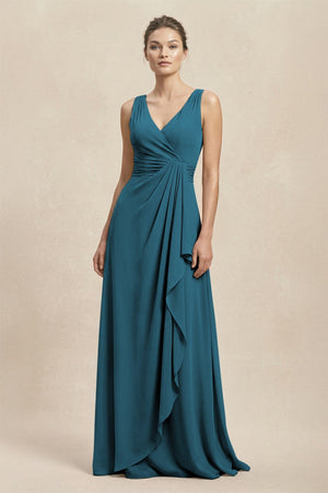 V - Neck Ruffled Ruched Chiffon A - Line Bridesmaid Dress in Dark Teal - SHE IS ME Bridesmaid Dresses