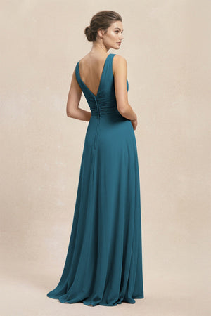 V - Neck Ruffled Ruched Chiffon A - Line Bridesmaid Dress in Dark Teal - SHE IS ME Bridesmaid Dresses