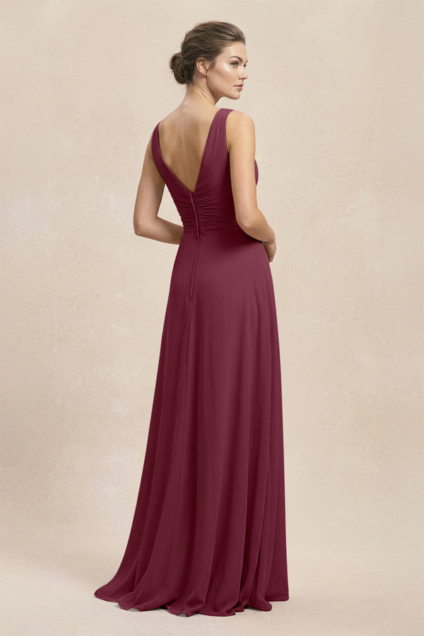 V-Neck Ruffled Ruched Chiffon A-Line Bridesmaid Dress in Desert Rose (2) | KISSBRIDAL