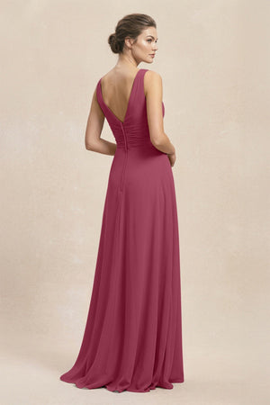 V - Neck Ruffled Ruched Chiffon A - Line Bridesmaid Dress in Desert Rose - SHE IS ME Bridesmaid Dresses