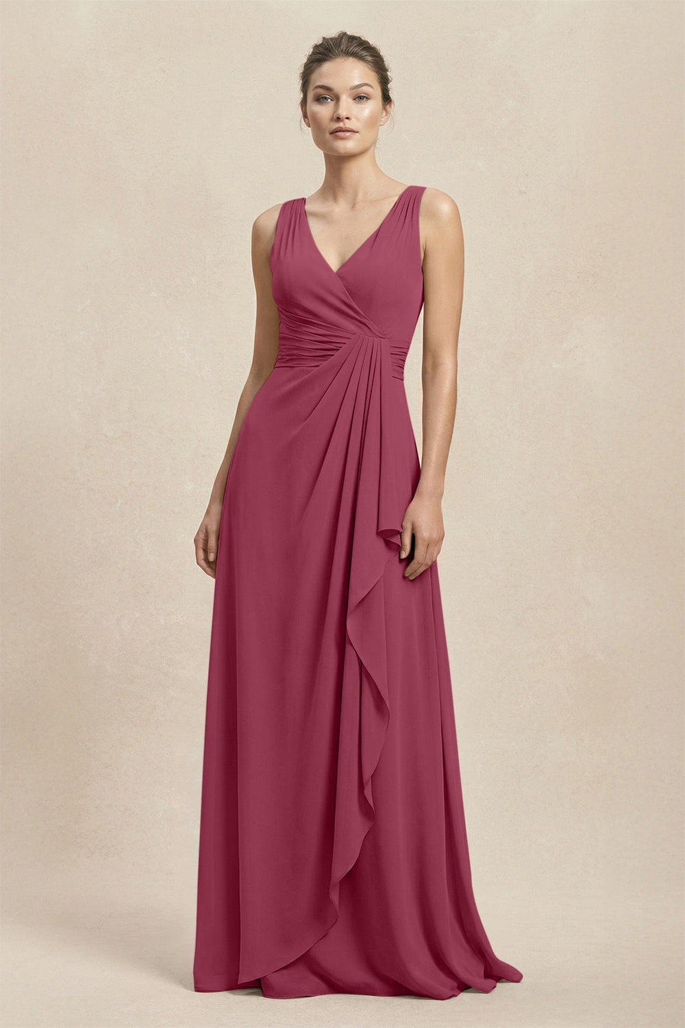 V - Neck Ruffled Ruched Chiffon A - Line Bridesmaid Dress in Desert Rose - KISS BRIDAL Bridesmaid Dresses