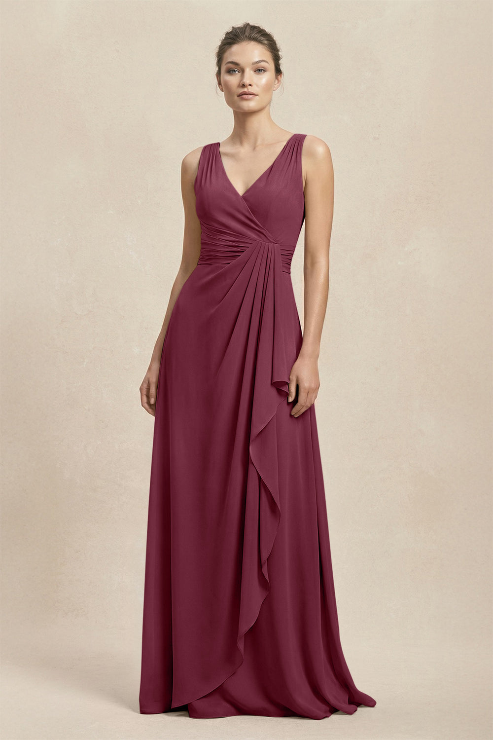 V-Neck Ruffled Ruched Chiffon A-Line Bridesmaid Dress in Desert Rose