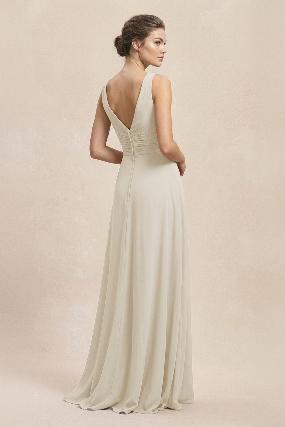 V - Neck Ruffled Ruched Chiffon A - Line Bridesmaid Dress in Dove Gray - KISS BRIDAL Bridesmaid Dresses