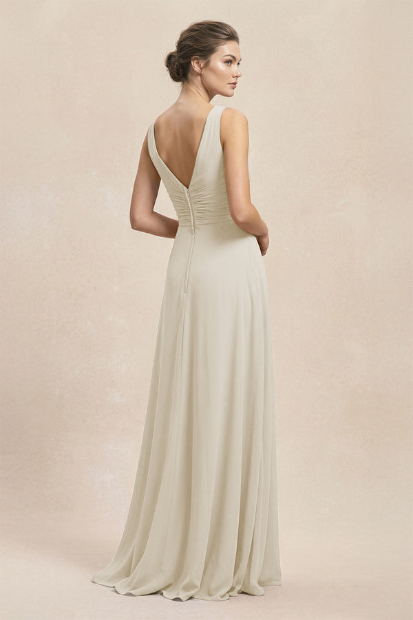 V - Neck Ruffled Ruched Chiffon A - Line Bridesmaid Dress in Dove Gray - SHE IS ME Bridesmaid Dresses