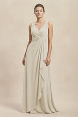V - Neck Ruffled Ruched Chiffon A - Line Bridesmaid Dress in Dove Gray - KISS BRIDAL Bridesmaid Dresses