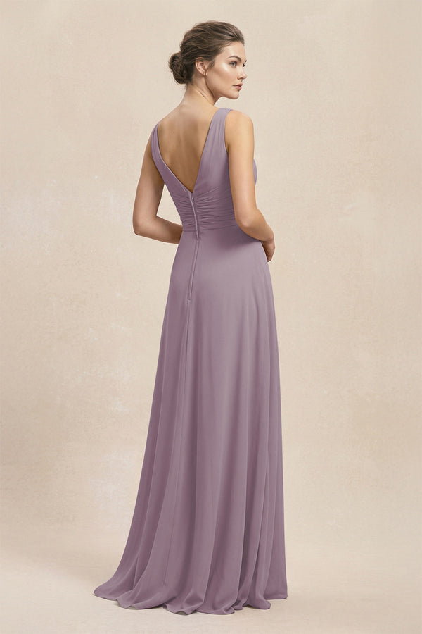 V-Neck Ruffled Ruched Chiffon A-Line Bridesmaid Dress in Dusk (2) | KISSBRIDAL