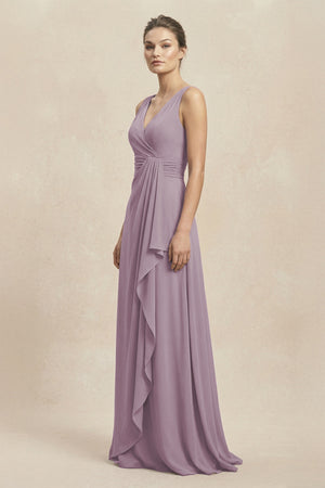 V-Neck Ruffled Ruched Chiffon A-Line Bridesmaid Dress in Dusk (3) | KISSBRIDAL