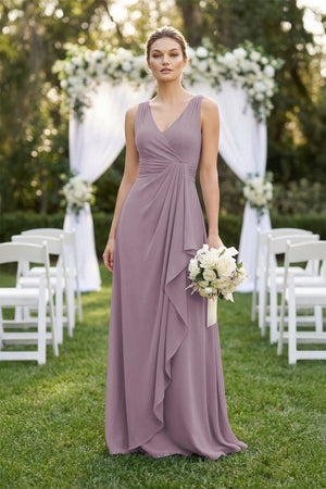 V-Neck Ruffled Ruched Chiffon A-Line Bridesmaid Dress in Dusk (4) | KISSBRIDAL
