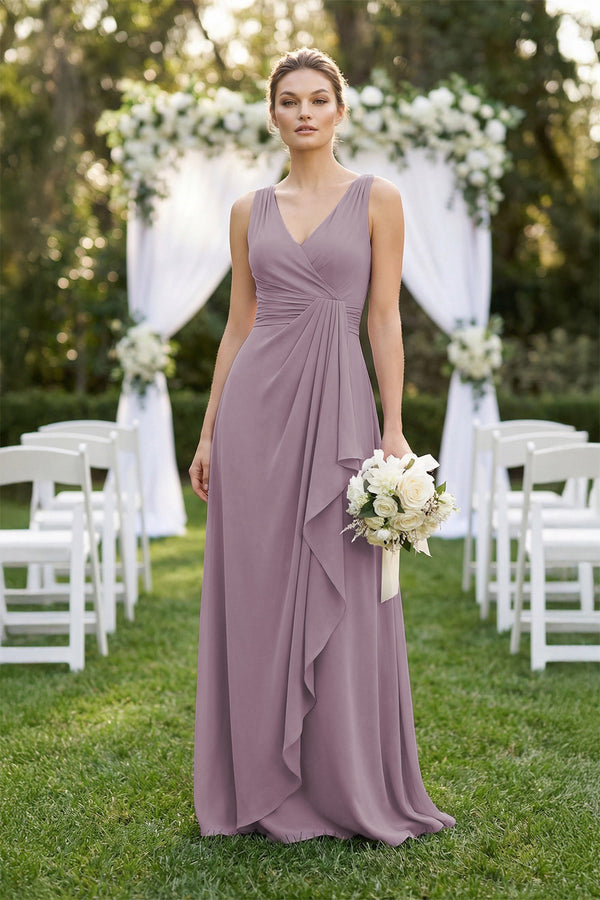 V-Neck Ruffled Ruched Chiffon A-Line Bridesmaid Dress in Dusk (4) | KISSBRIDAL