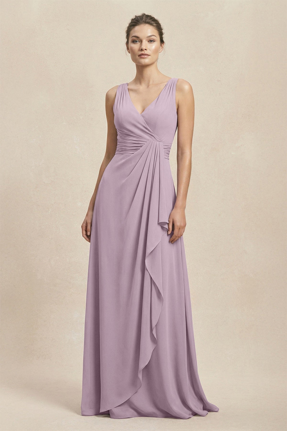 V - Neck Ruffled Ruched Chiffon A - Line Bridesmaid Dress in Dusk - SHE IS ME Bridesmaid Dresses