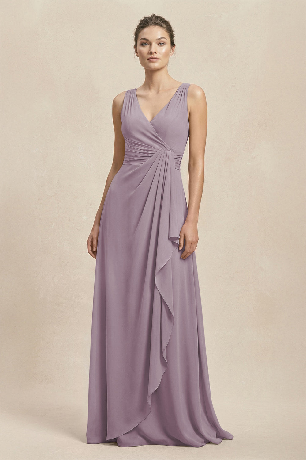 V-Neck Ruffled Ruched Chiffon A-Line Bridesmaid Dress in Dusk
