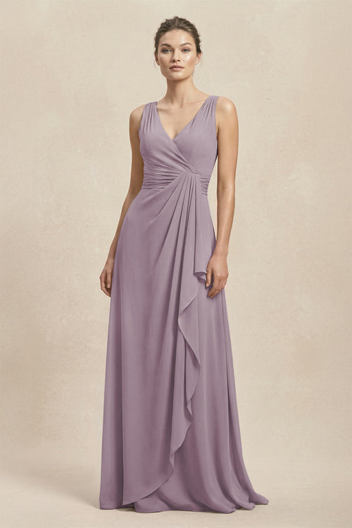 V-Neck Ruffled Ruched Chiffon A-Line Bridesmaid Dress in Dusk | KISSBRIDAL
