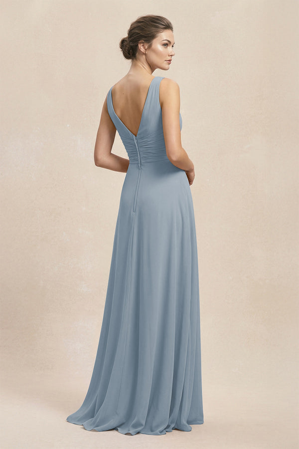V-Neck Ruffled Ruched Chiffon A-Line Bridesmaid Dress in Dusty Blue (2) | KISSBRIDAL