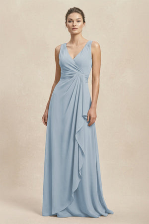 V - Neck Ruffled Ruched Chiffon A - Line Bridesmaid Dress in Dusty Blue - SHE IS ME Bridesmaid Dresses