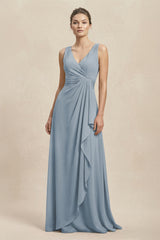 V-Neck Ruffled Ruched Chiffon A-Line Bridesmaid Dress in Dusty Blue | KISSBRIDAL