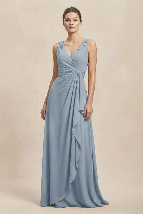 V-Neck Ruffled Ruched Chiffon A-Line Bridesmaid Dress in Dusty Blue | KISSBRIDAL