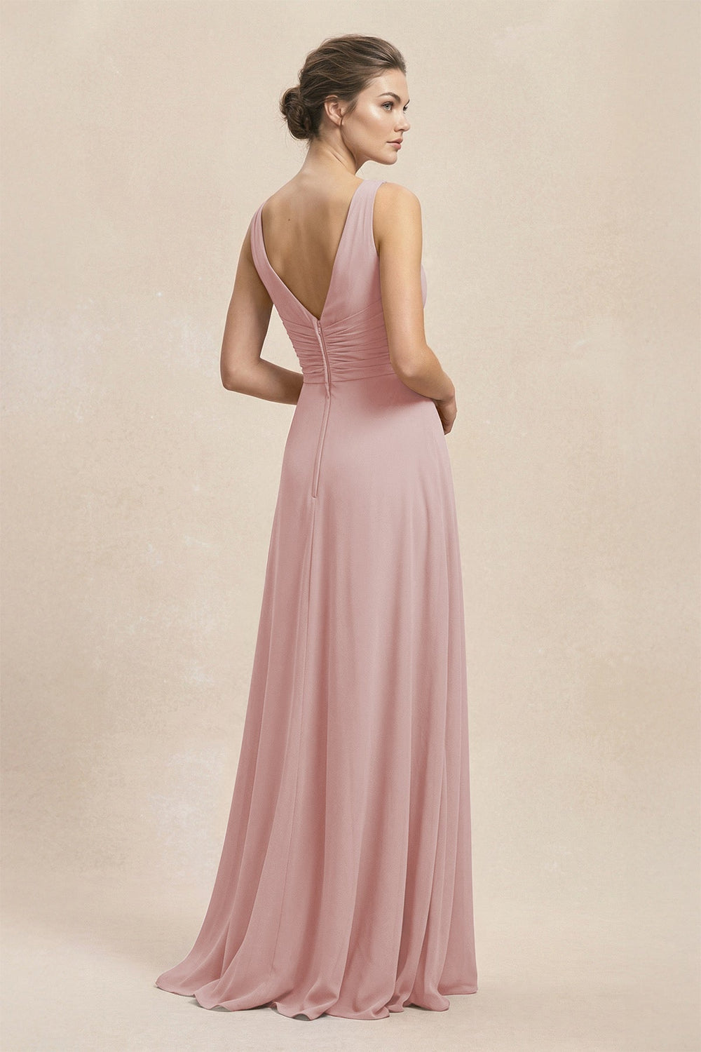 V - Neck Ruffled Ruched Chiffon A - Line Bridesmaid Dress in Dusty Rose - KISS BRIDAL Bridesmaid Dresses