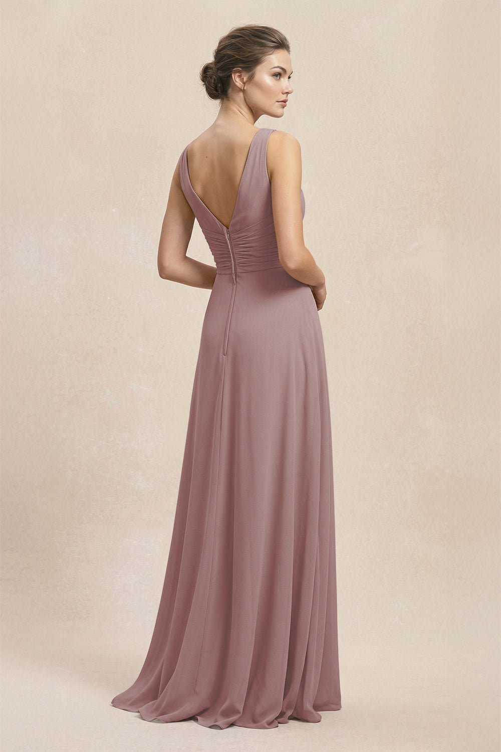 V-Neck Ruffled Ruched Chiffon A-Line Bridesmaid Dress in Dusty Rose