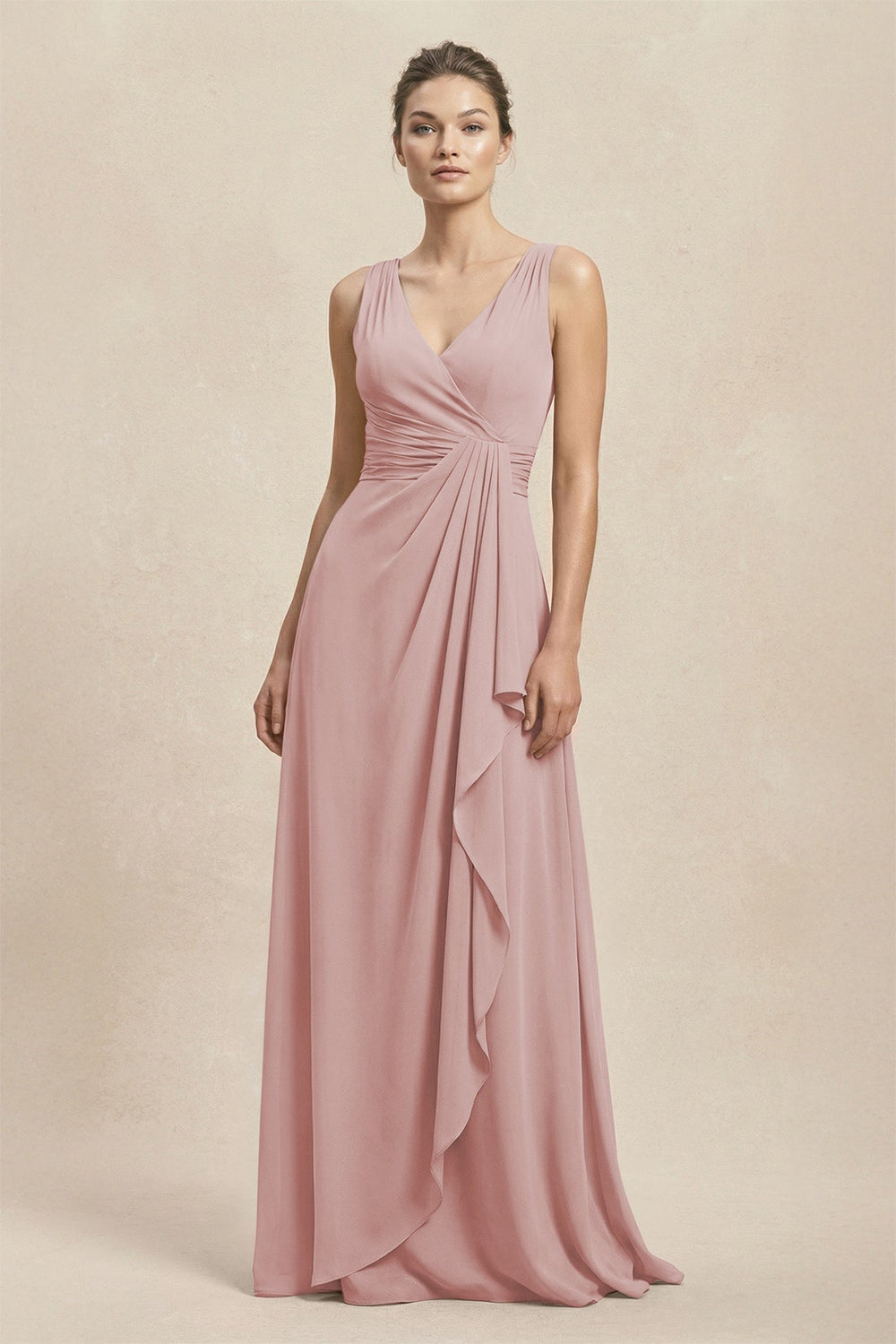 V - Neck Ruffled Ruched Chiffon A - Line Bridesmaid Dress in Dusty Rose - KISS BRIDAL Bridesmaid Dresses