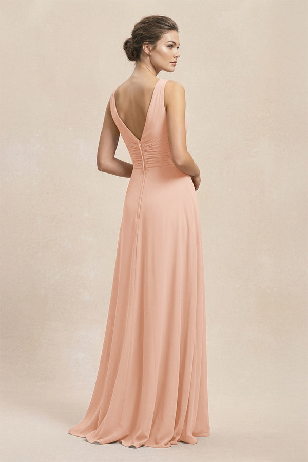 V - Neck Ruffled Ruched Chiffon A - Line Bridesmaid Dress in English Rose - SHE IS ME Bridesmaid Dresses