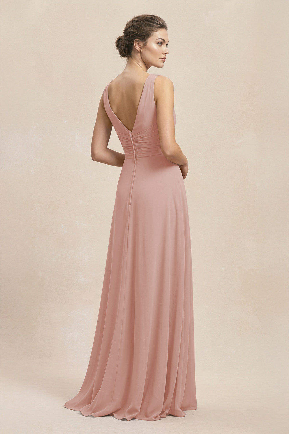 V-Neck Ruffled Ruched Chiffon A-Line Bridesmaid Dress in English Rose
