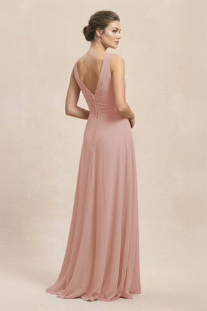 V-Neck Ruffled Ruched Chiffon A-Line Bridesmaid Dress in English Rose (2) | KISSBRIDAL