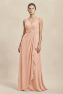 V - Neck Ruffled Ruched Chiffon A - Line Bridesmaid Dress in English Rose - SHE IS ME Bridesmaid Dresses