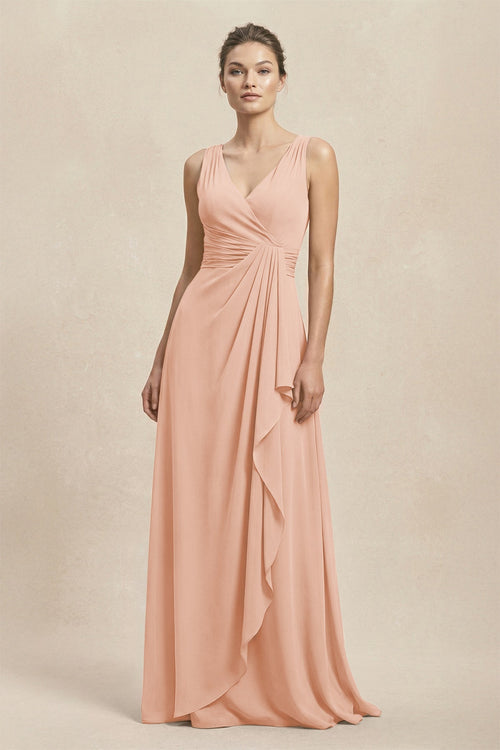 V - Neck Ruffled Ruched Chiffon A - Line Bridesmaid Dress in English Rose - SHE IS ME Bridesmaid Dresses