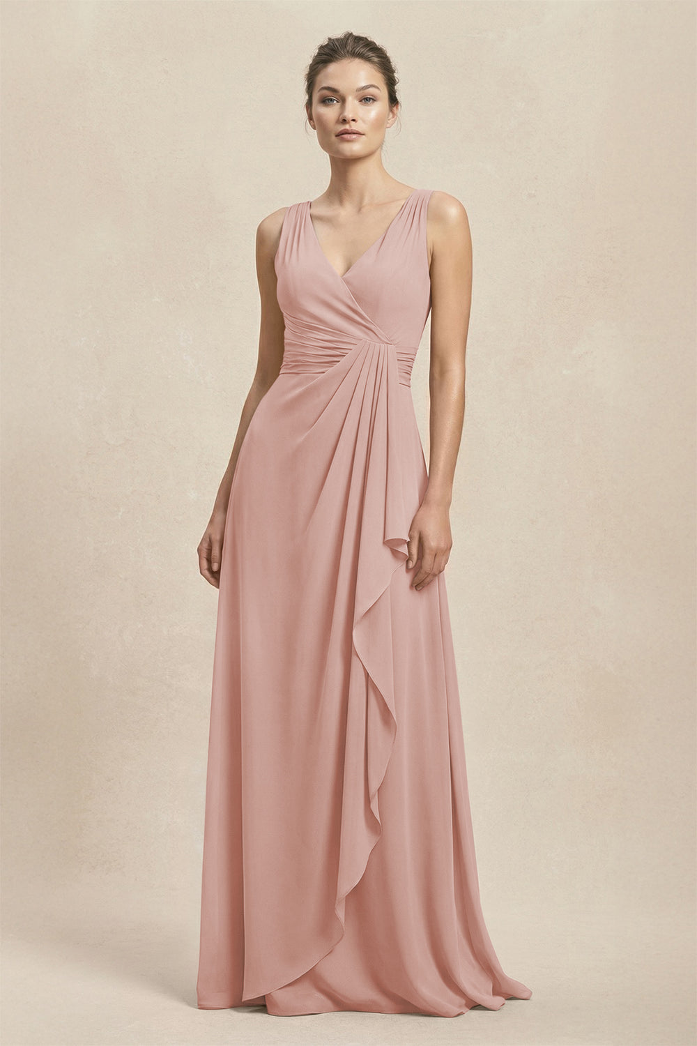 V-Neck Ruffled Ruched Chiffon A-Line Bridesmaid Dress in English Rose