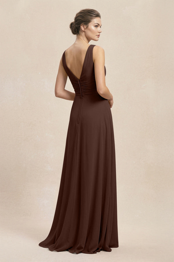 V - Neck Ruffled Ruched Chiffon A - Line Bridesmaid Dress in Espresso - SHE IS ME Bridesmaid Dresses