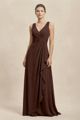 V - Neck Ruffled Ruched Chiffon A - Line Bridesmaid Dress in Espresso - KISS BRIDAL Bridesmaid Dresses