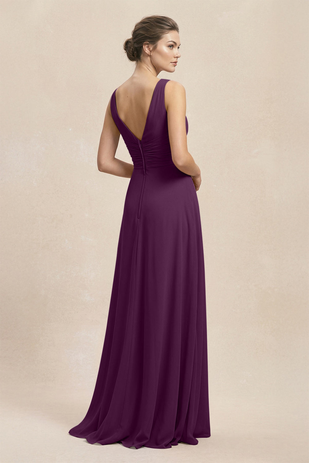 V-Neck Ruffled Ruched Chiffon A-Line Bridesmaid Dress in Fig
