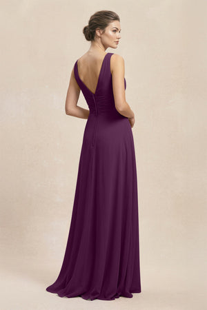 V-Neck Ruffled Ruched Chiffon A-Line Bridesmaid Dress in Fig (2) | KISSBRIDAL