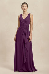 V-Neck Ruffled Ruched Chiffon A-Line Bridesmaid Dress in Fig | KISSBRIDAL