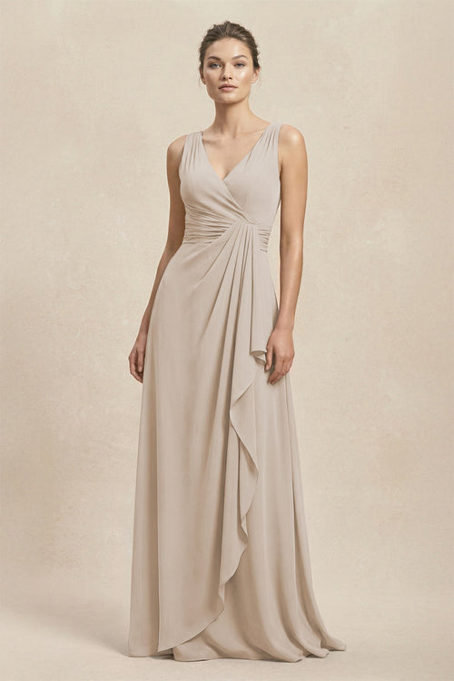 V - Neck Ruffled Ruched Chiffon A - Line Bridesmaid Dress in Frost - SHE IS ME Bridesmaid Dresses