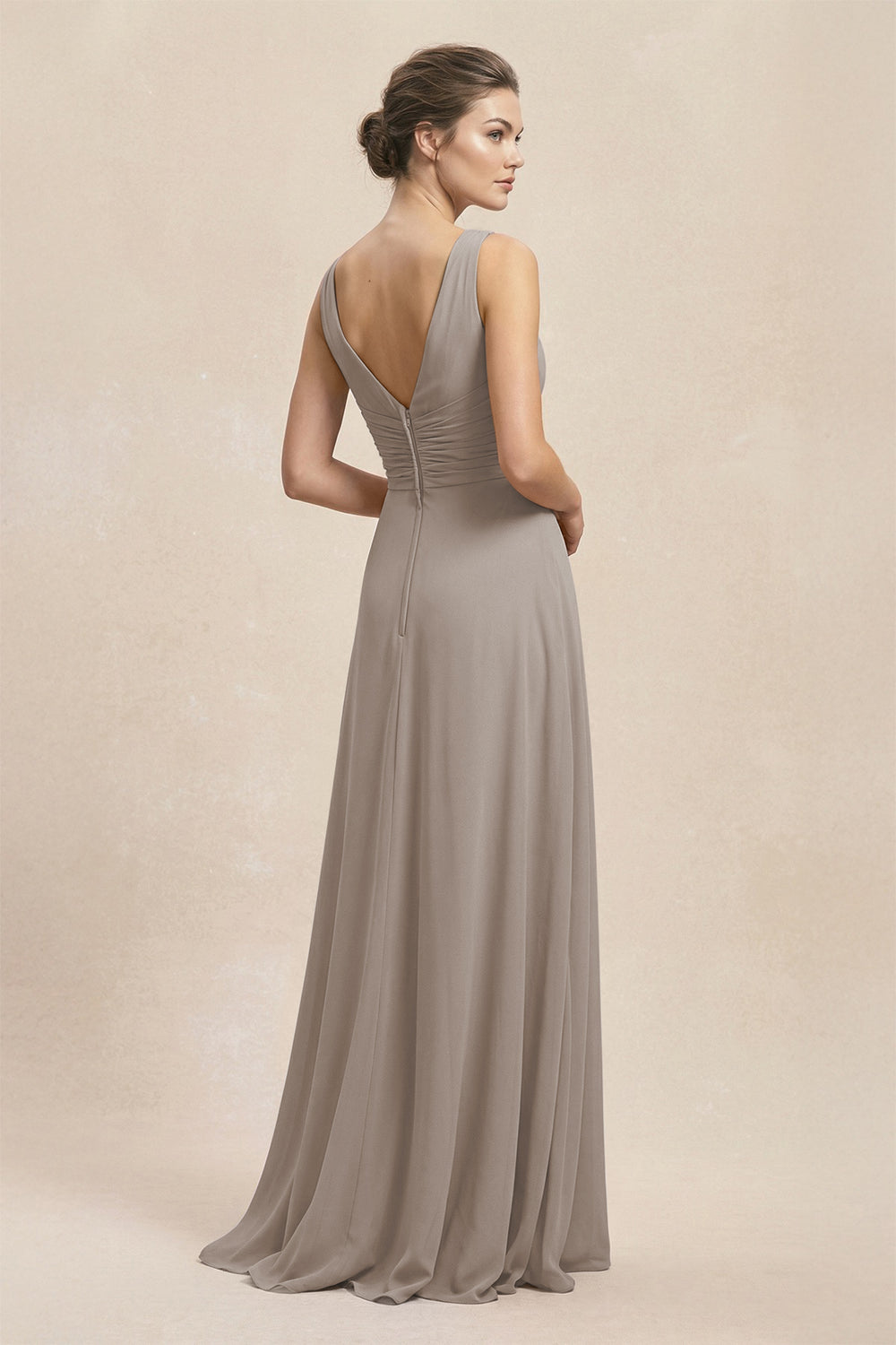 V-Neck Ruffled Ruched Chiffon A-Line Bridesmaid Dress in Frost