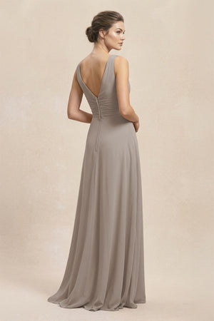 V-Neck Ruffled Ruched Chiffon A-Line Bridesmaid Dress in Frost (2) | KISSBRIDAL